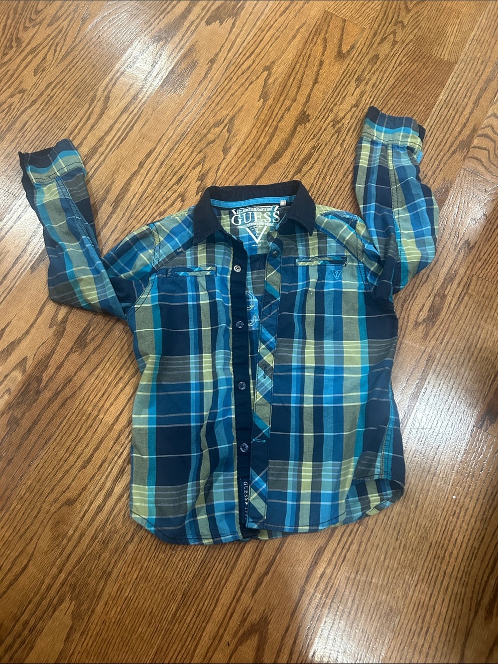 GUESS Blue, Green & Yellow Plaid Button-Down Shirt